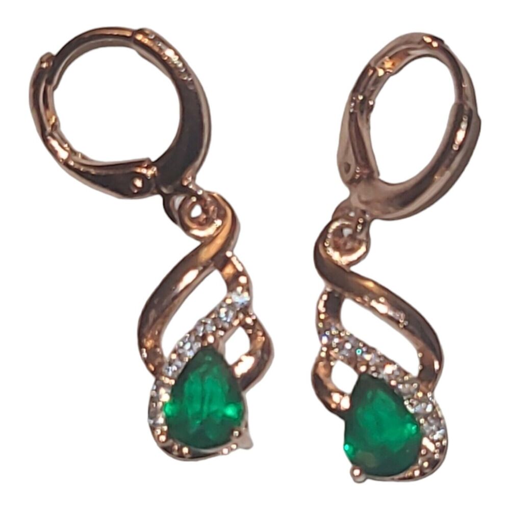 18K Gold-plated Green CZ Rhinestone Twisted Drop Dangle Earrings 1.25"